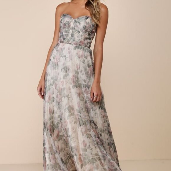 Lulus Most Beautiful Day Ivory Multi Floral Print Organza Maxi Dress Beige - Picture 1 of 1